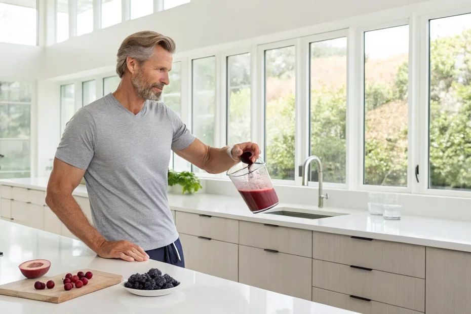 Man making a healthy berry smoothie, a natural way to improve blood flow for ED.