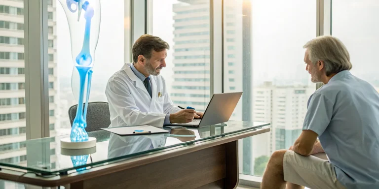 Doctor and patient discussing stem cell therapy for knee pain at one of the best clinics.