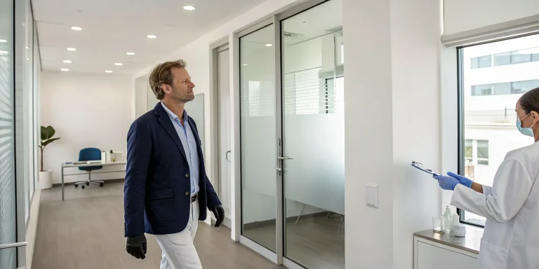 Man in a consultation for peptide therapy for male pattern baldness.