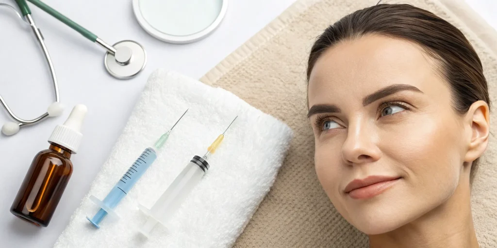 Woman's face prepared for a PRP treatment, with medical tools that influence the procedure's cost.