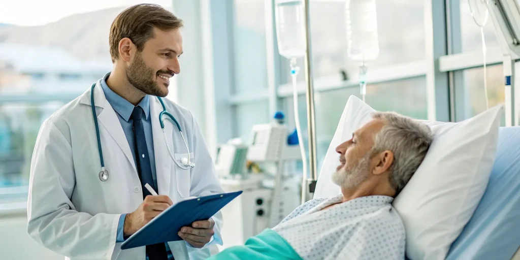 Doctor discussing the cost of stem cell injections for back pain with a patient.