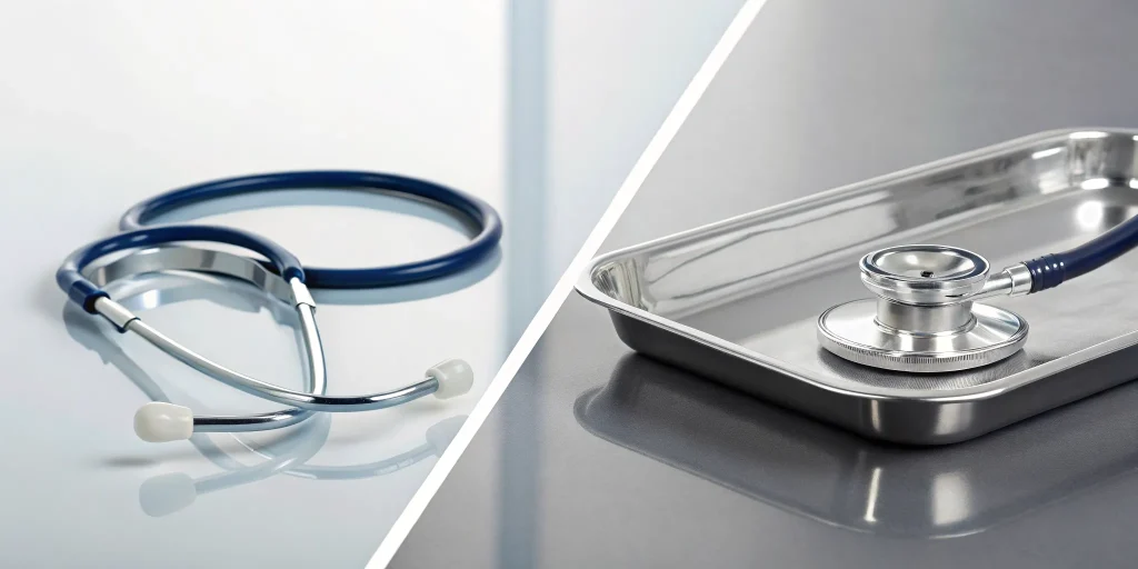 A medical tray and stethoscope for the umbilical cord vs bone marrow stem cells comparison.