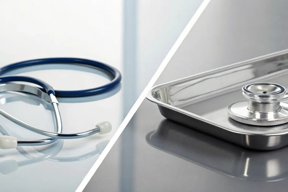 A medical tray and stethoscope for the umbilical cord vs bone marrow stem cells comparison.
