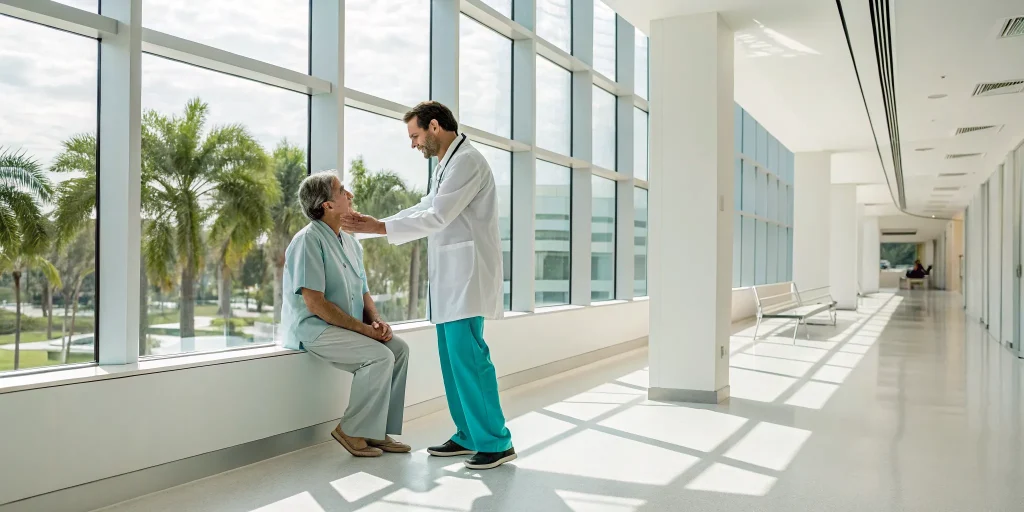 A patient consults with one of the best shoulder pain doctors in a Miami clinic.