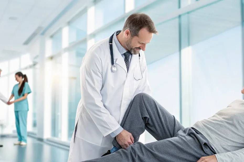 Doctor examining a patient's knee to explore non-surgical alternatives to knee replacement.