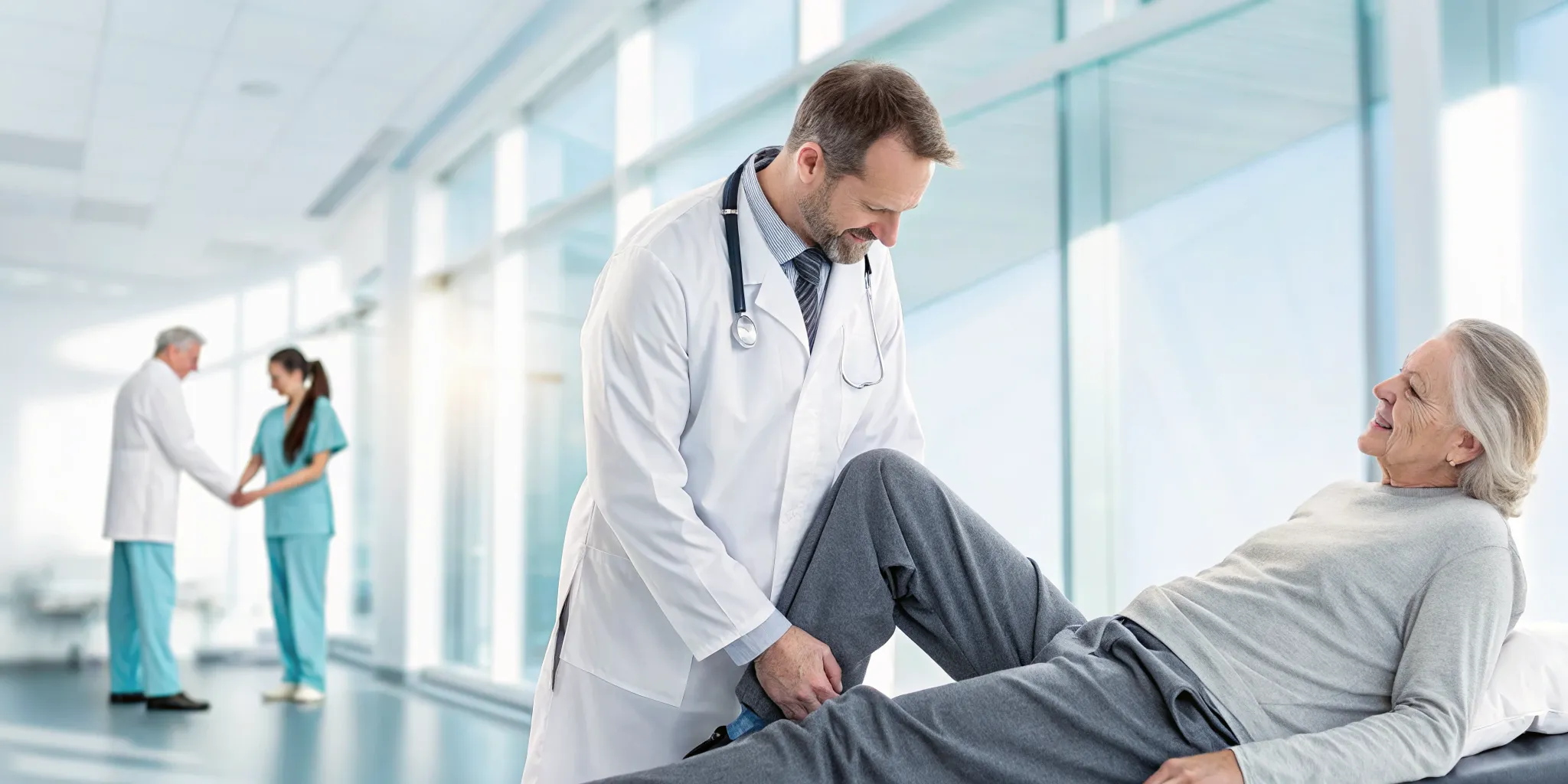 Doctor examining a patient's knee to explore non-surgical alternatives to knee replacement.