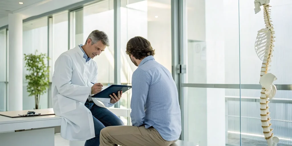 Doctor discussing if stem cells can cure sciatica with a patient and spine model.