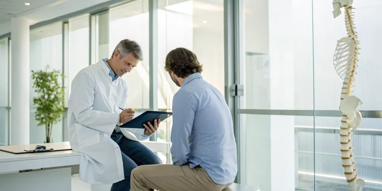 Doctor discussing if stem cells can cure sciatica with a patient and spine model.