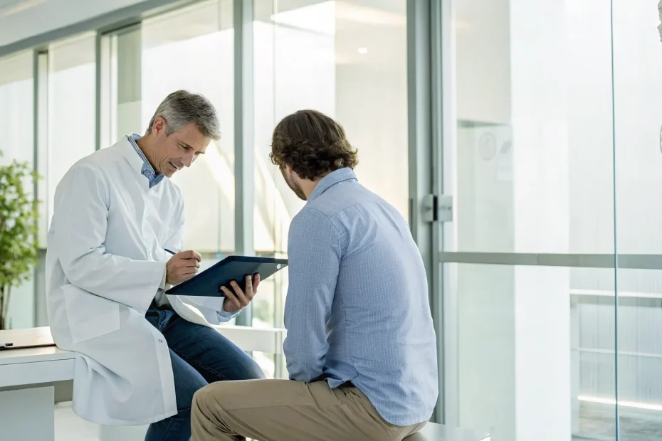 Doctor discussing if stem cells can cure sciatica with a patient and spine model.