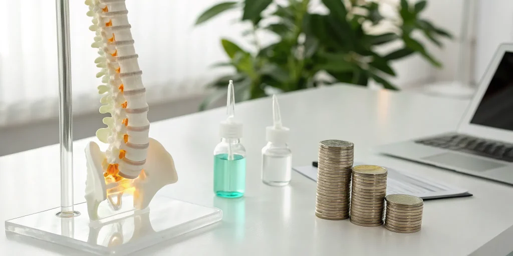 The cost of stem cell injections for a herniated disc, shown with a spine model, vials, and coins.