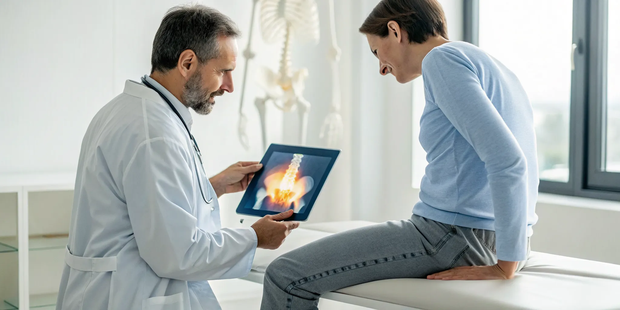 Doctor explaining stem cell therapy for sciatica to a patient with a model of the spine.