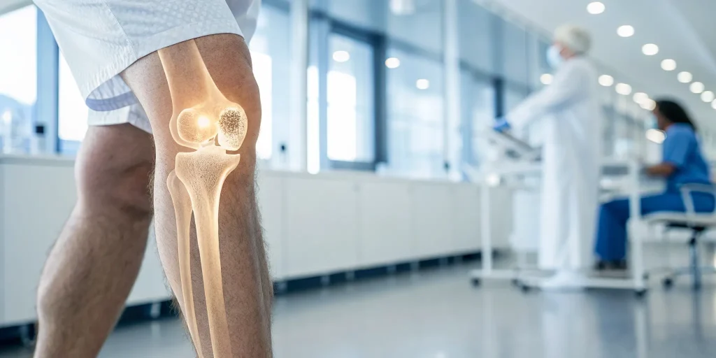 Anatomical view of a knee showing how stem cell therapy works to repair damaged cartilage.