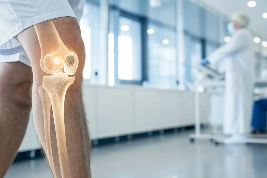 Anatomical view of a knee showing how stem cell therapy works to repair damaged cartilage.