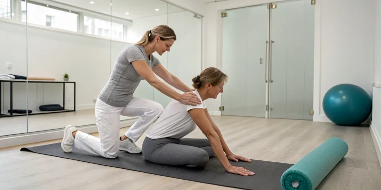 Physical therapist assisting a woman with non-surgical treatment for a bulging disc.