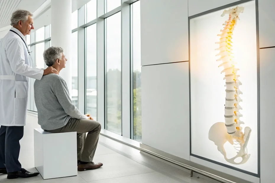 Doctor explains stem cell therapy for a herniated disc to a patient using a spine model.