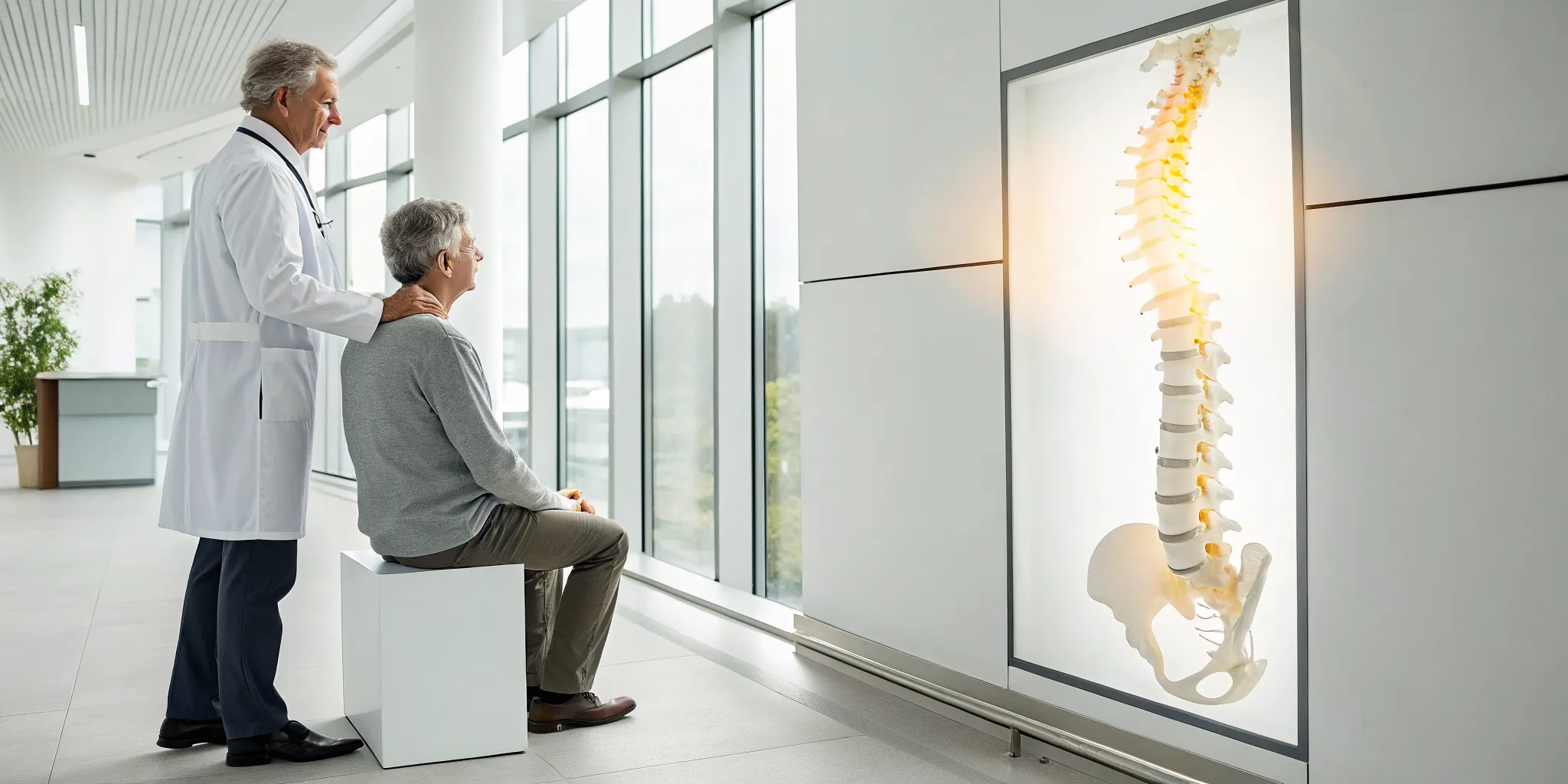 Doctor explains stem cell therapy for a herniated disc to a patient using a spine model.