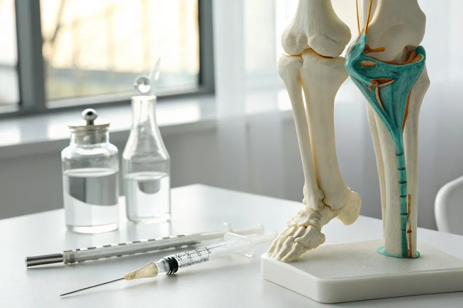The cost of a stem cell shoulder injection with a syringe, vials, and a shoulder model.