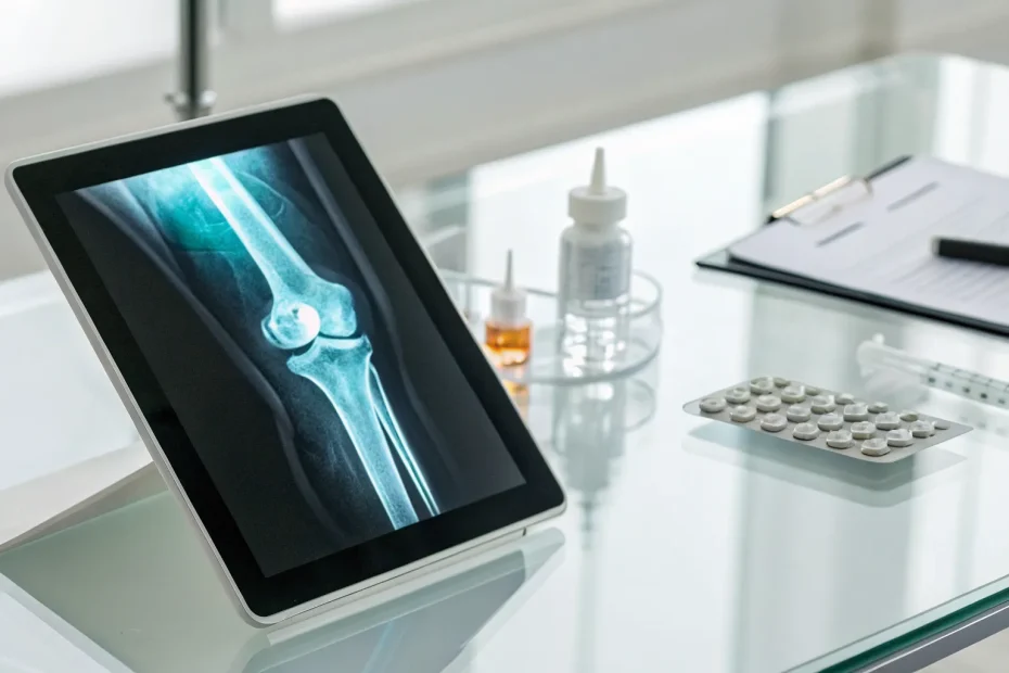Knee X-ray on a tablet with paperwork and a syringe to show the cost of stem cell therapy for knees.