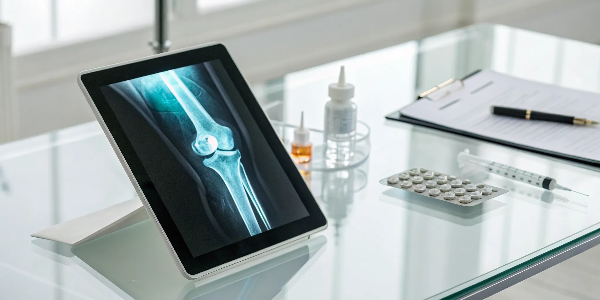 Knee X-ray on a tablet with paperwork and a syringe to show the cost of stem cell therapy for knees.