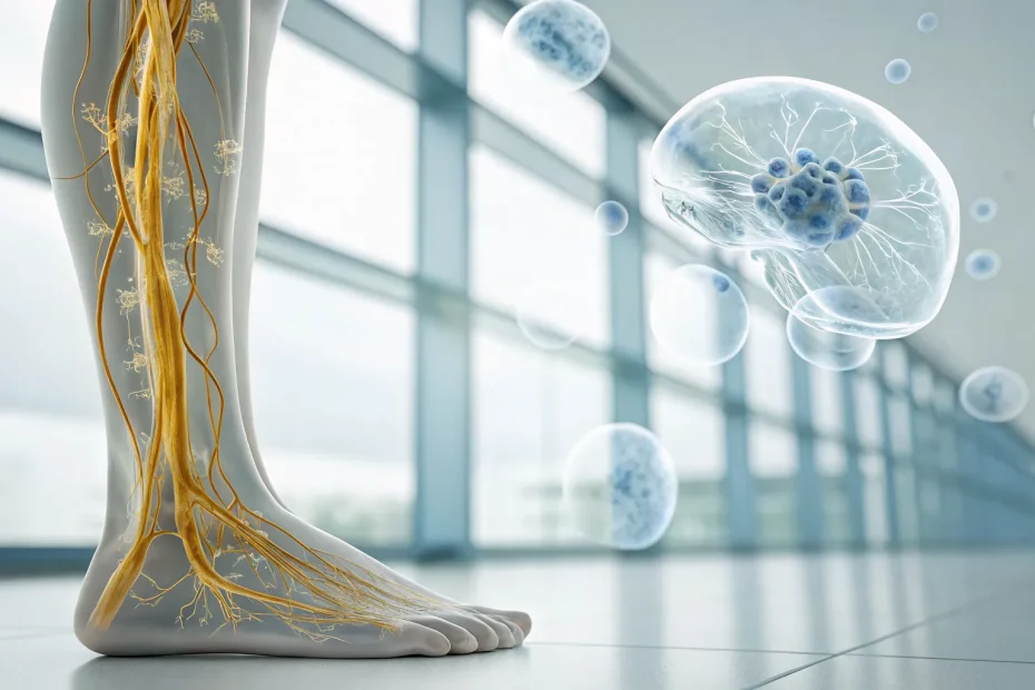 Stem cell therapy for diabetic neuropathy targeting damaged nerves in the leg.