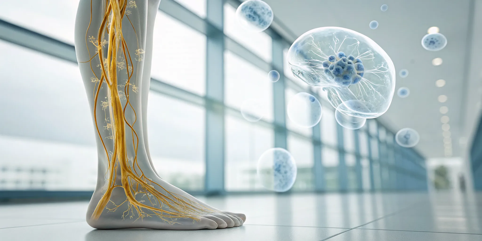 Stem cell therapy for diabetic neuropathy targeting damaged nerves in the leg.