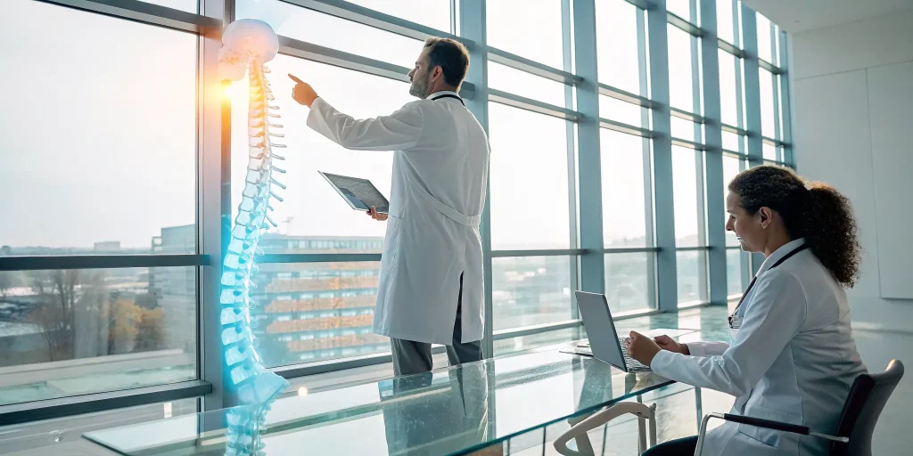 Doctors discussing the cost of stem cell therapy for a herniated disc while reviewing a spine scan.