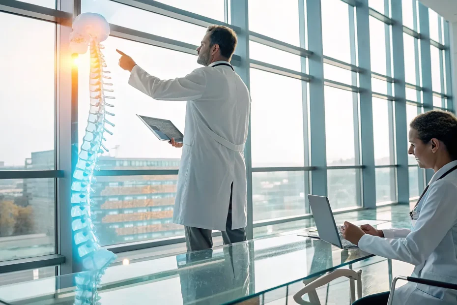 Doctors discussing the cost of stem cell therapy for a herniated disc while reviewing a spine scan.