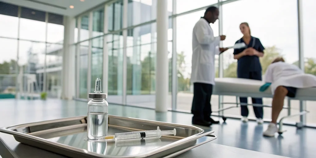 A syringe and medical tools for stem cell therapy for torn muscles.
