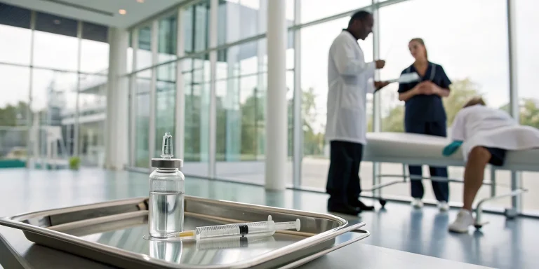 A syringe and medical tools for stem cell therapy for torn muscles.