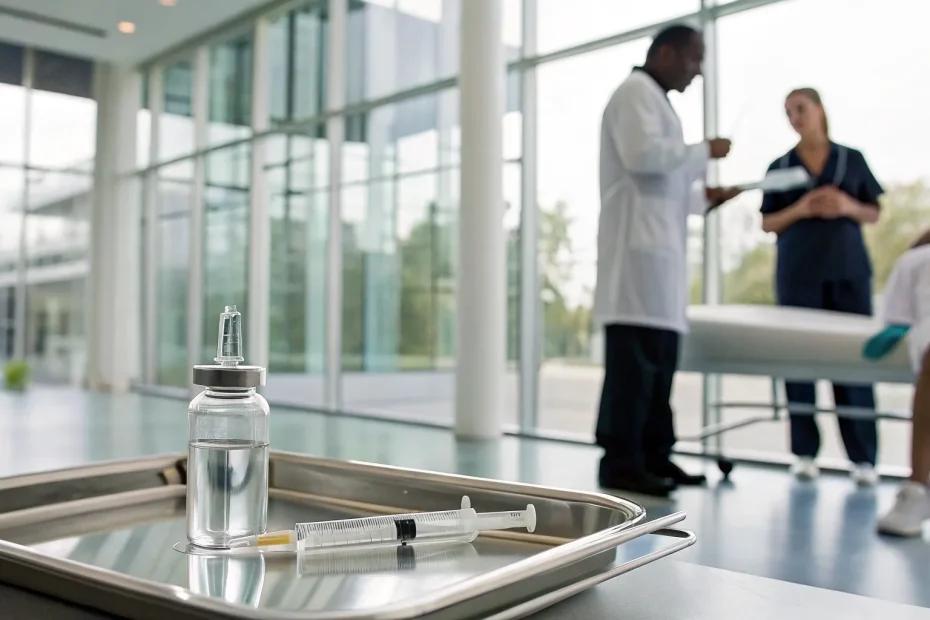 A syringe and medical tools for stem cell therapy for torn muscles.