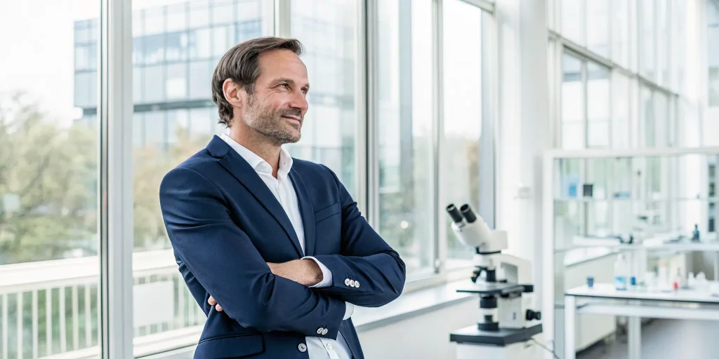 Man in a modern lab with a microscope for stem cell hair regrowth for men.