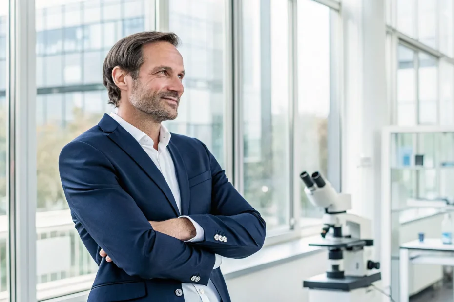 Man in a modern lab with a microscope for stem cell hair regrowth for men.