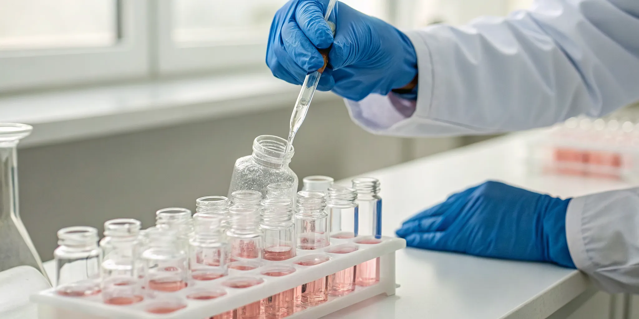Researcher in a lab preparing vials for FDA-approved stem cell treatments.