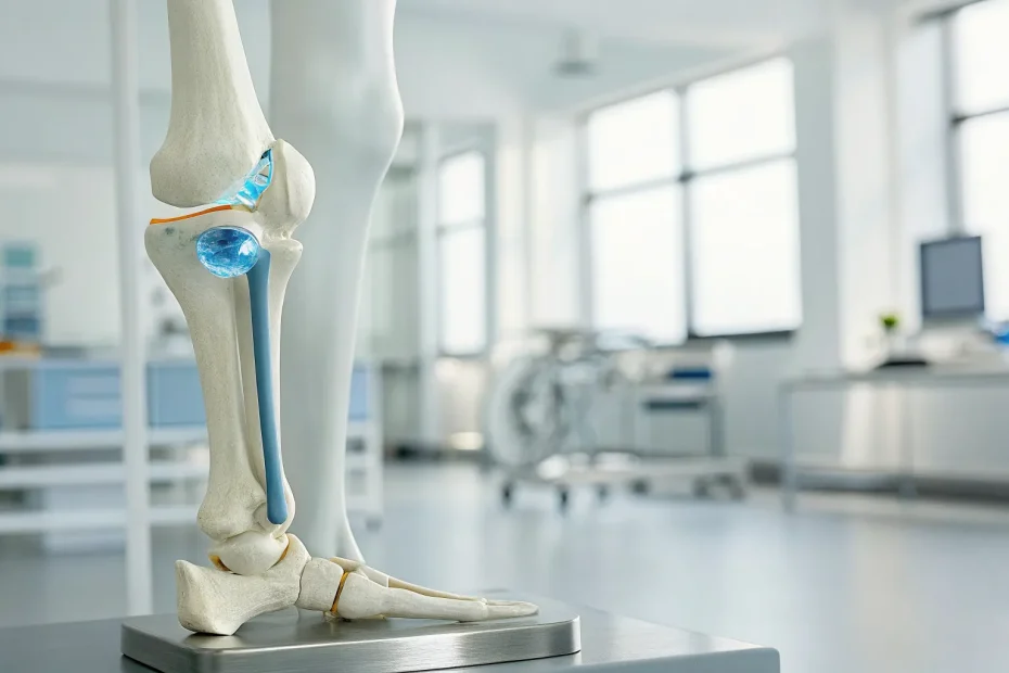 Anatomical knee model showing cartilage targeted for non-surgical repair.