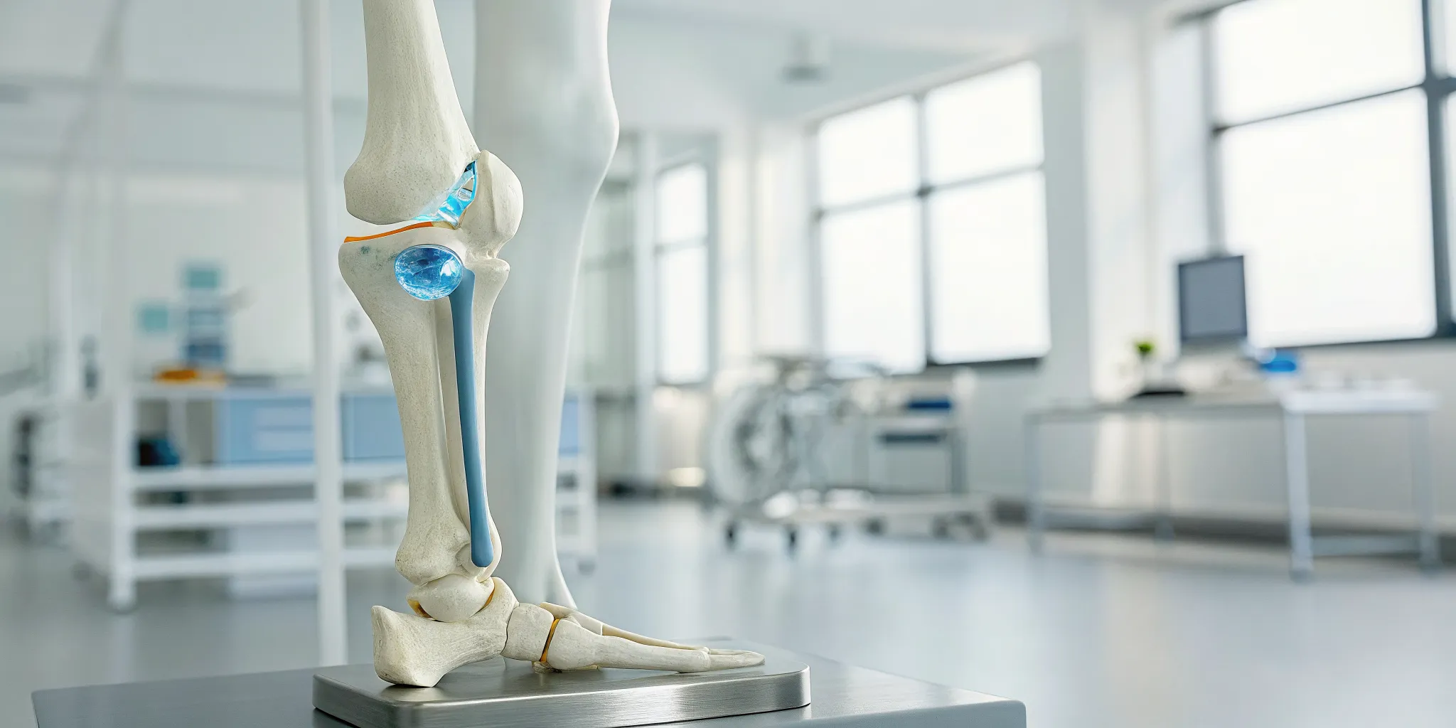 Anatomical knee model showing cartilage targeted for non-surgical repair.
