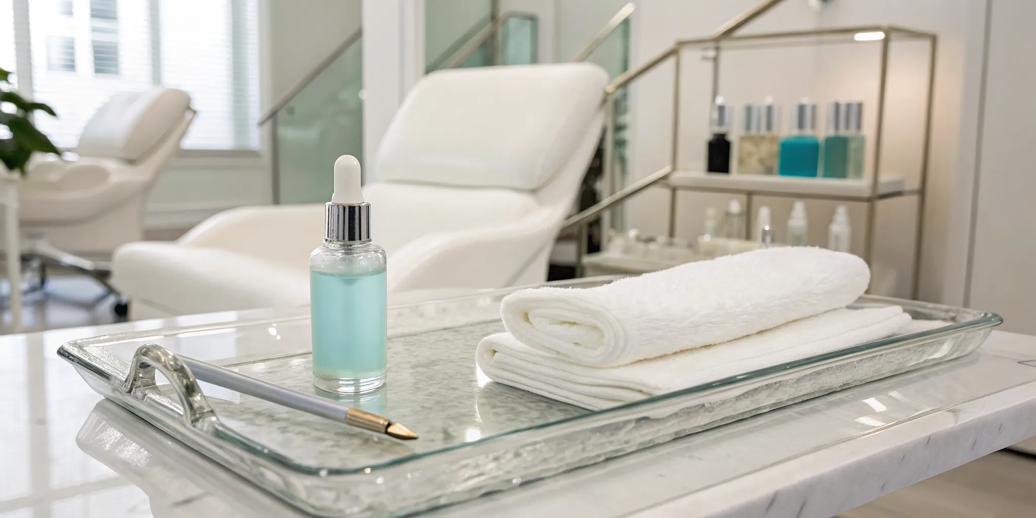 Exosome infusion facial treatment with a serum dropper in a modern clinic setting.
