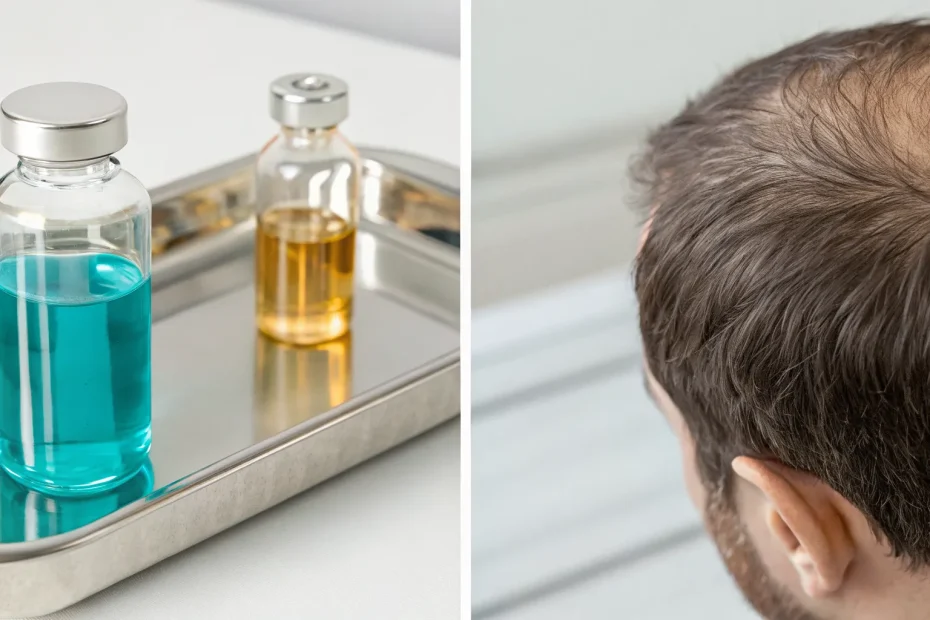 Exosome vs PRP therapy for hair loss with vials next to a man's thinning crown.