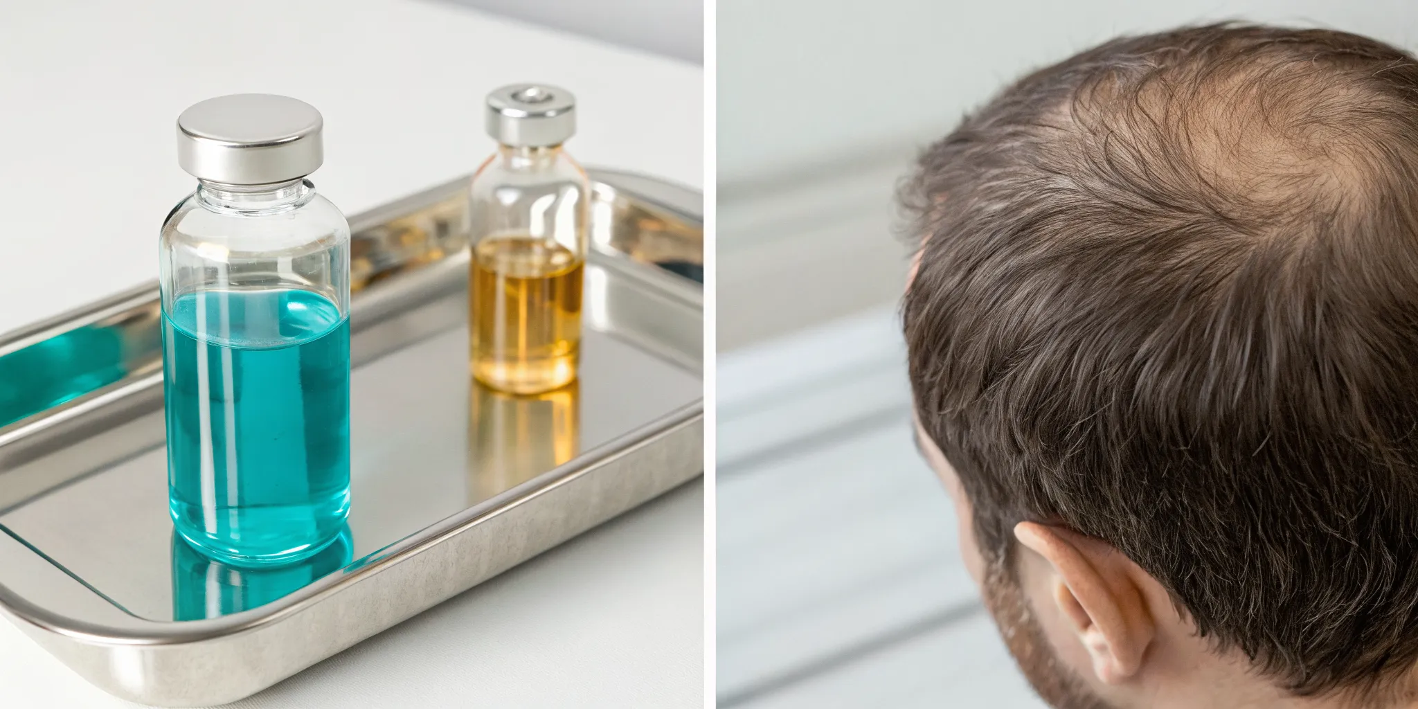 Exosome vs PRP therapy for hair loss with vials next to a man's thinning crown.