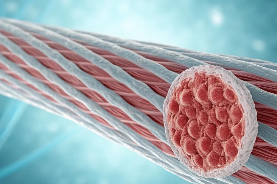 Stem cells repairing a tear in muscle tissue.