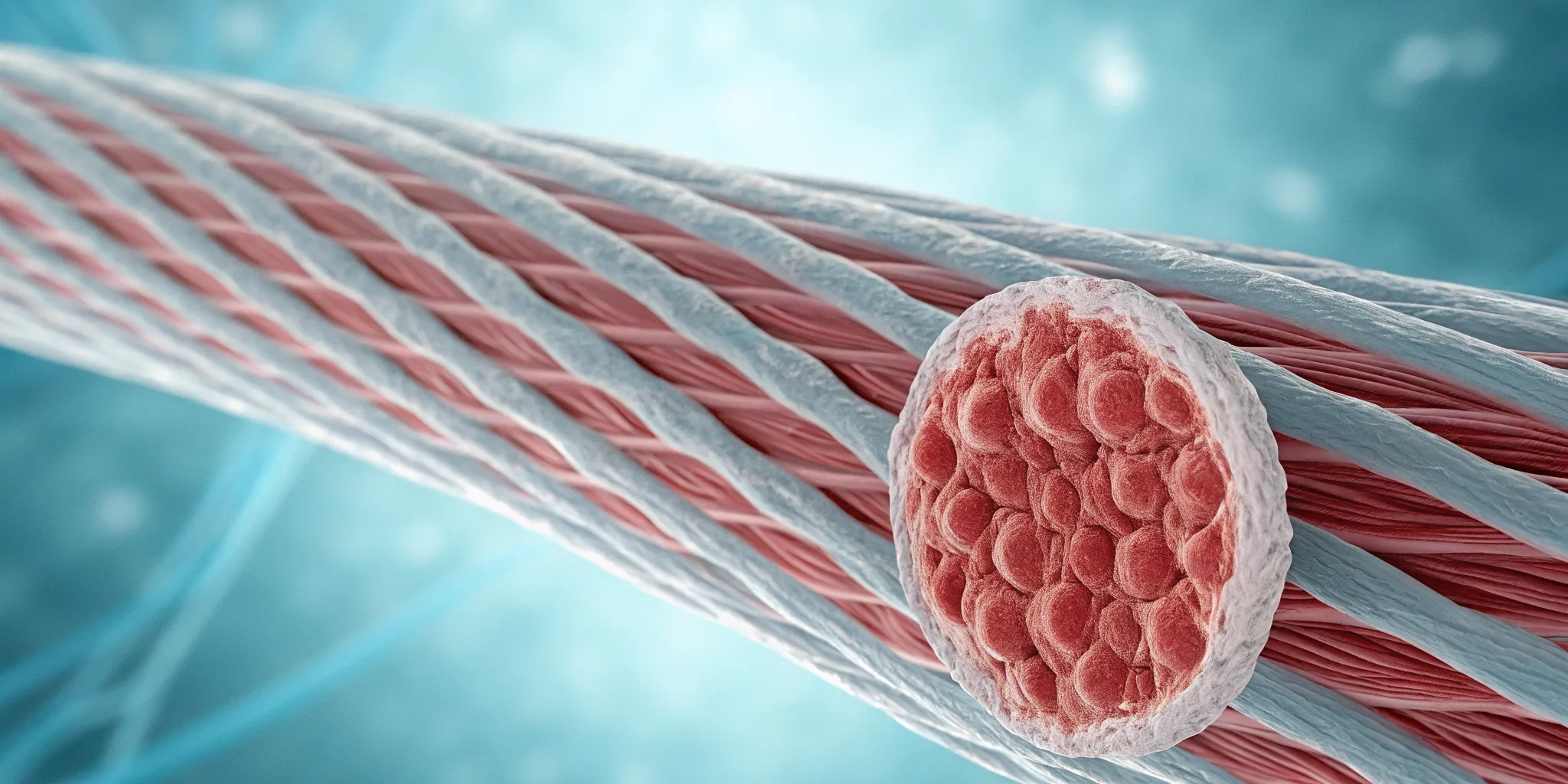 Stem cells repairing a tear in muscle tissue.