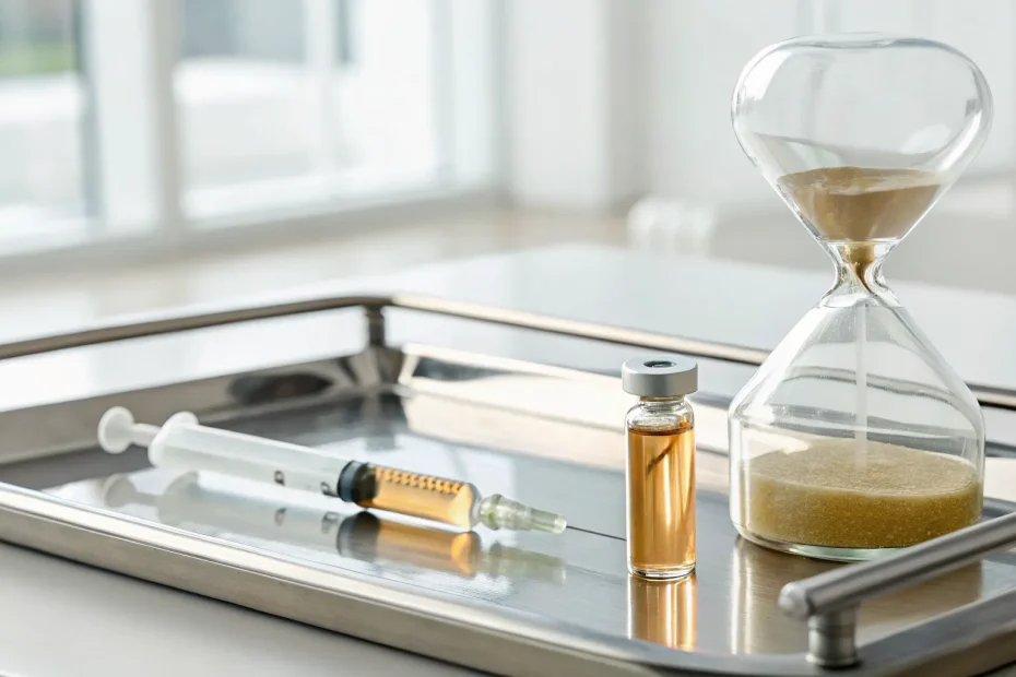 Hourglass with a PRP vial and syringe showing how long PRP injections last.
