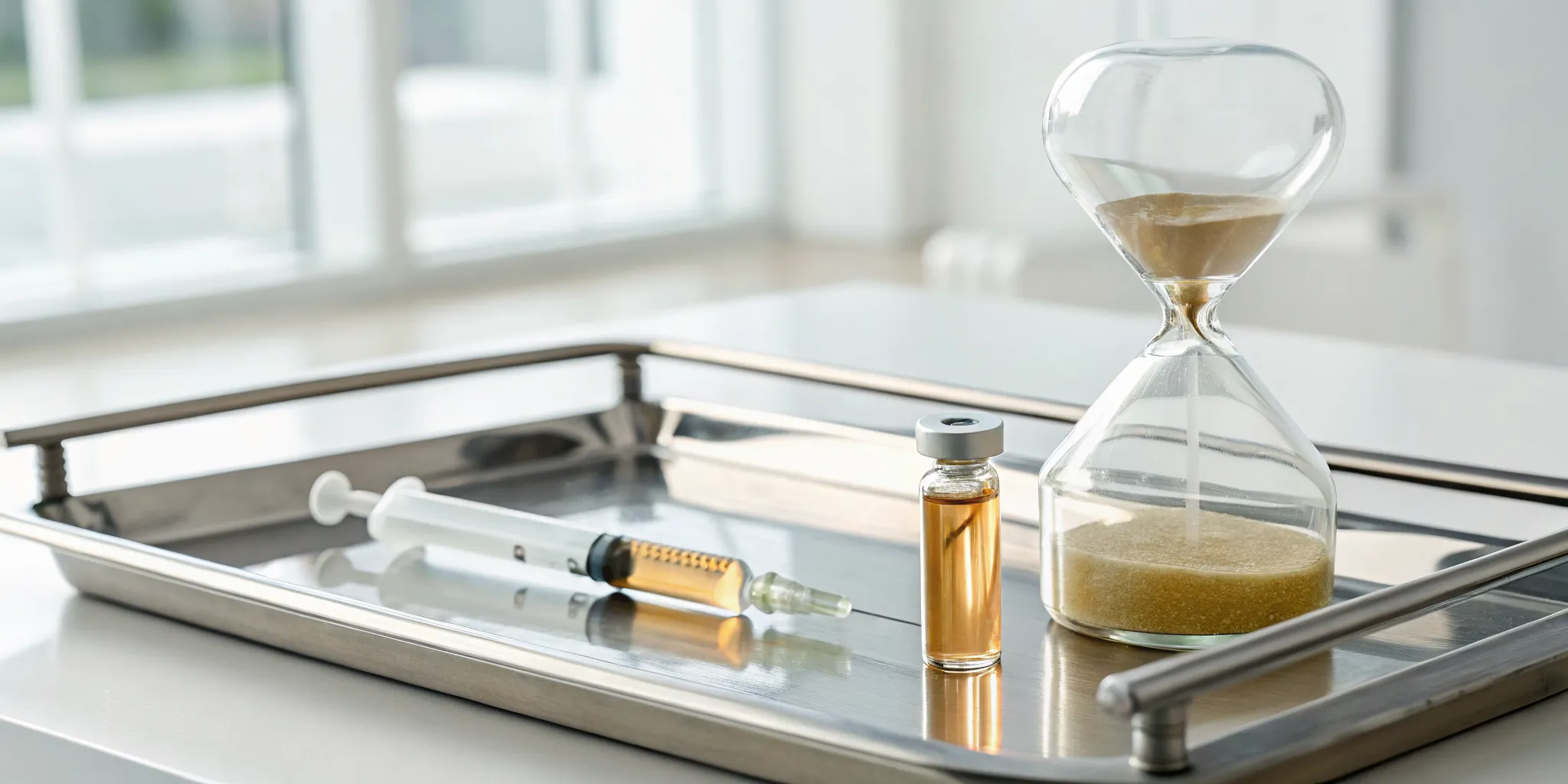 Hourglass with a PRP vial and syringe showing how long PRP injections last.