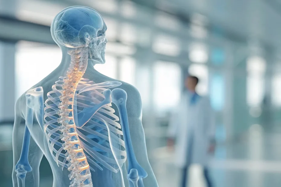Anatomical model of the lumbar spine showing the target for stem cell therapy.
