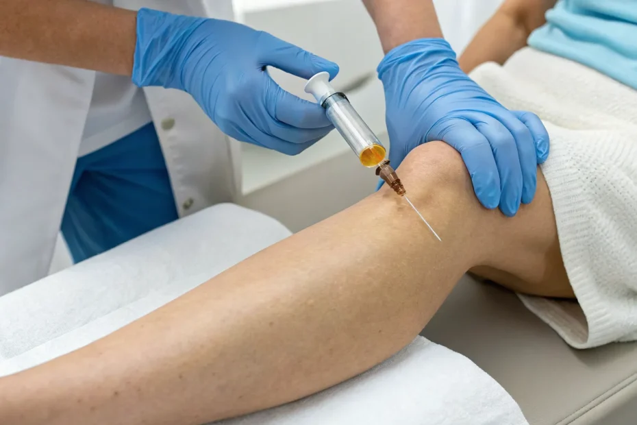 Doctor administers a PRP injection into a knee for cartilage repair.