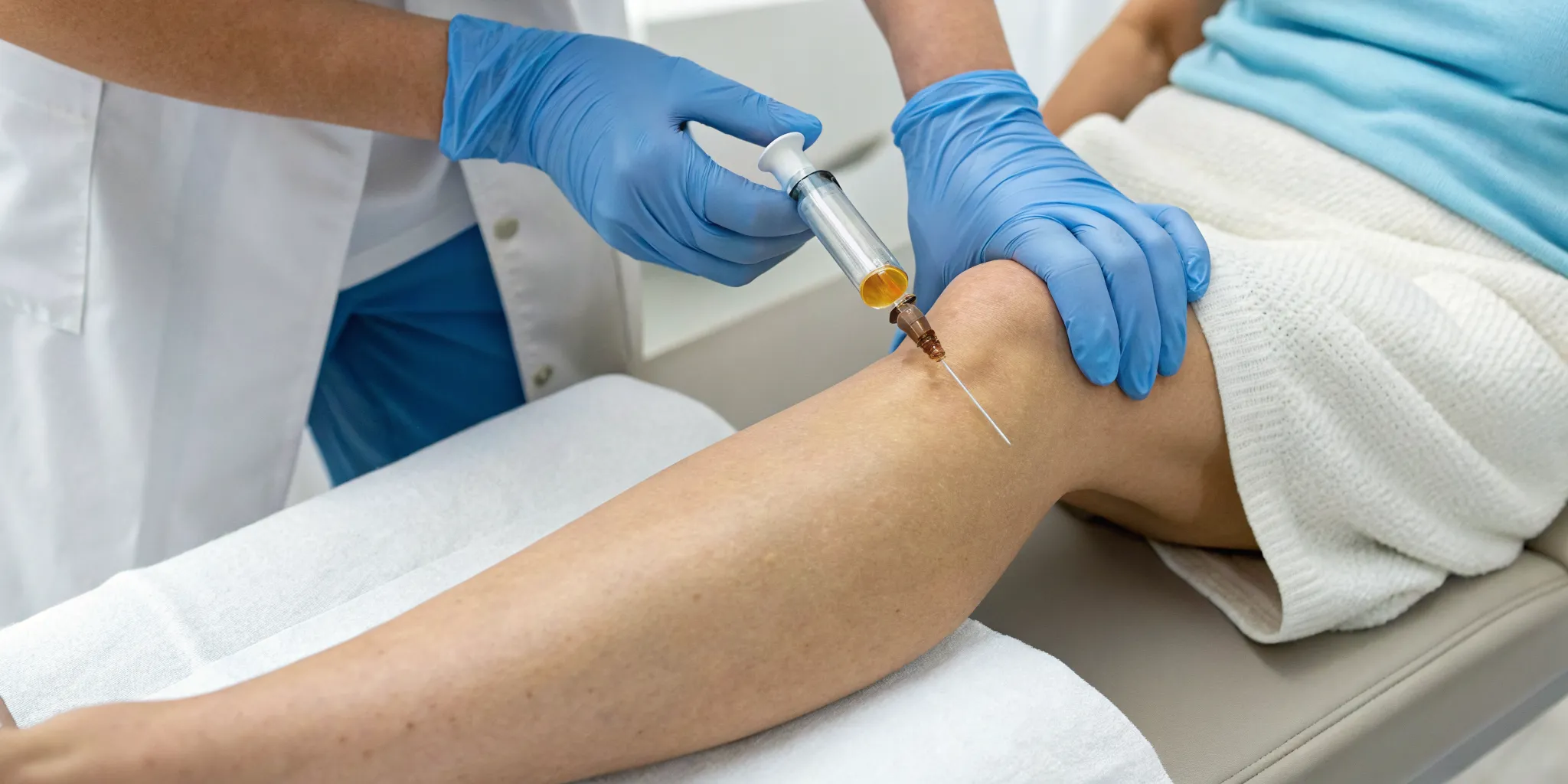 Doctor administers a PRP injection into a knee for cartilage repair.