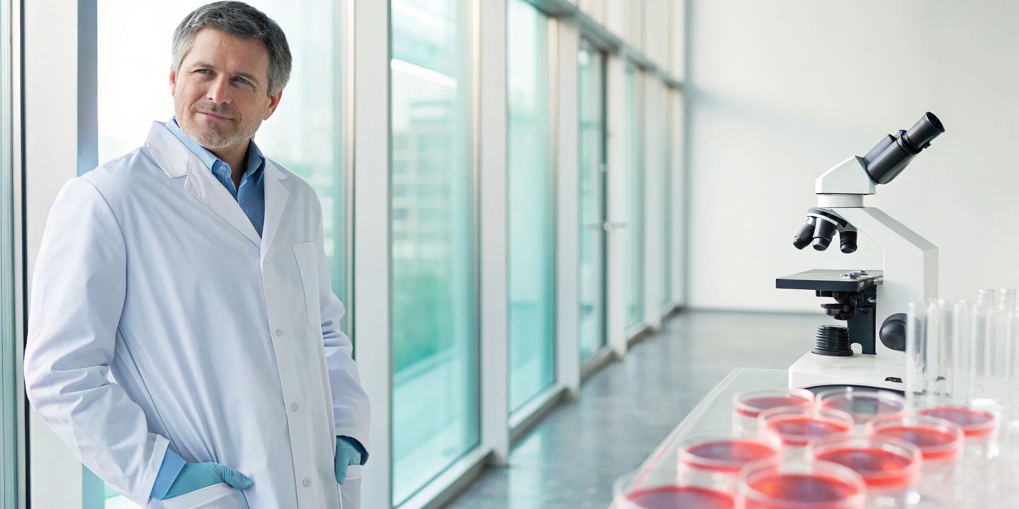 Scientist researches stem cell therapy for myositis using a microscope in a lab.