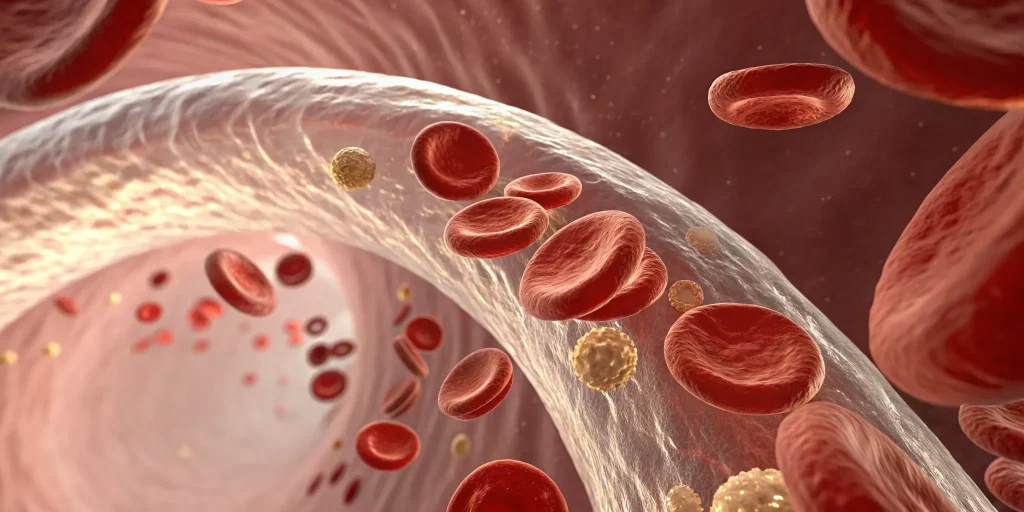 Exosomes working in a blood vessel to repair tissue for erectile dysfunction therapy.