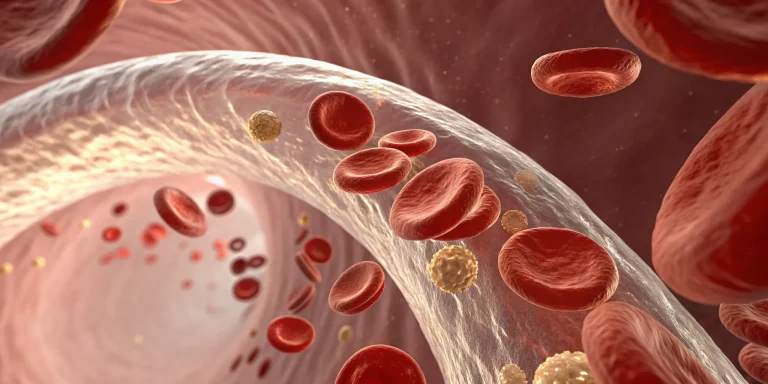 Exosomes working in a blood vessel to repair tissue for erectile dysfunction therapy.