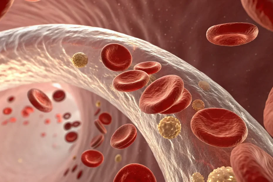 Exosomes working in a blood vessel to repair tissue for erectile dysfunction therapy.