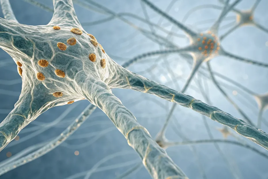 A close-up of nerve cells undergoing repair with regenerative medicine for nerve damage.